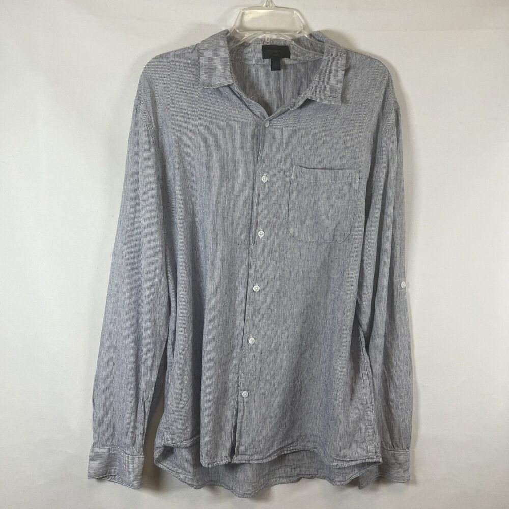Magaschoni Blue Stripe Linen Blend Roll Tab Button Up Shirt L